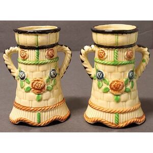 Vintsge Pair Vases Japanese Yellow Floral Roses w/ Double Handle Flora Et Jaune